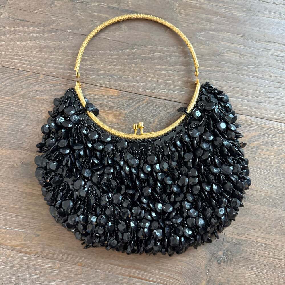 Vintage 1960s Black Beaded Gold Handle Evening Bag - Winkleman's Formal Purse